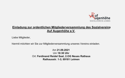 Einladung zur ordentlichen Mitgliederversammlung des Sozialvereins Auf Augenhöhe e.V.